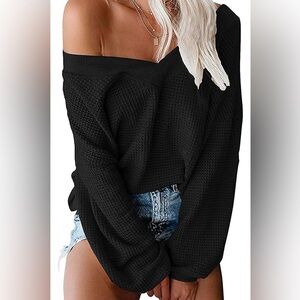 Black Deep-V Waffle Knit Pullover Sweater – Comfy & Chic